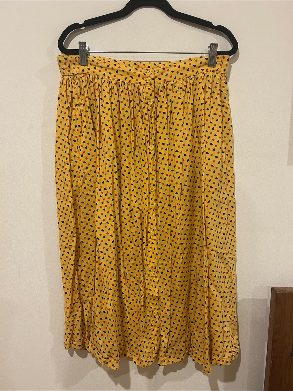 Yellow Printed Button-Down Midi Skirt with Gathered Waist